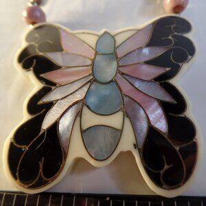 Vintage 3 Pc Butterfly Set 20" Necklace & Pierced Ear Rings Abalone - Stunning